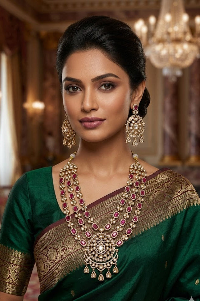 Premium 3 layered CZ Mozannite Polki Short Bridal necklace Set