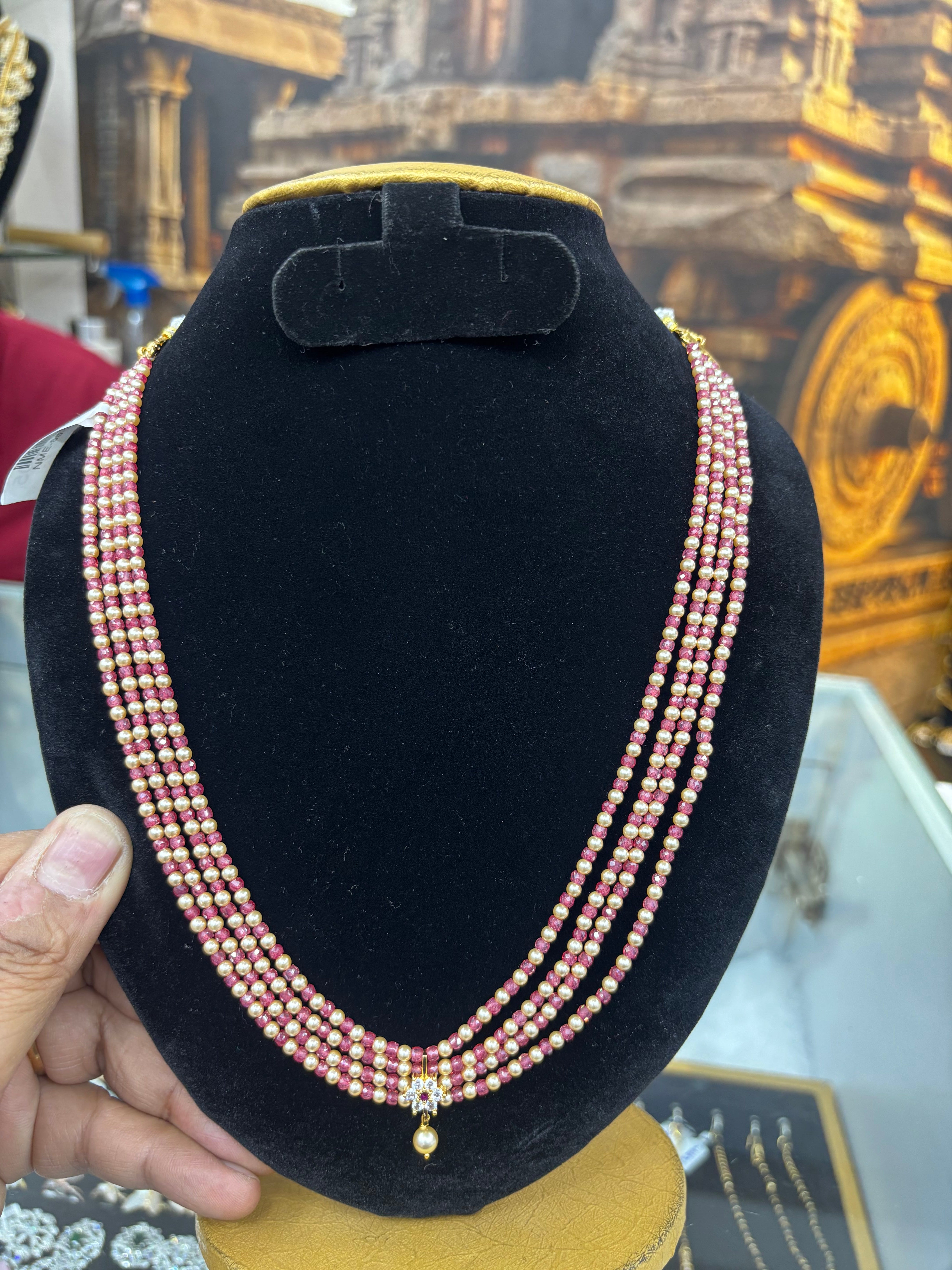 Three Line 2/3 crushed batti  with Swarovski Pearl Mala Necklace