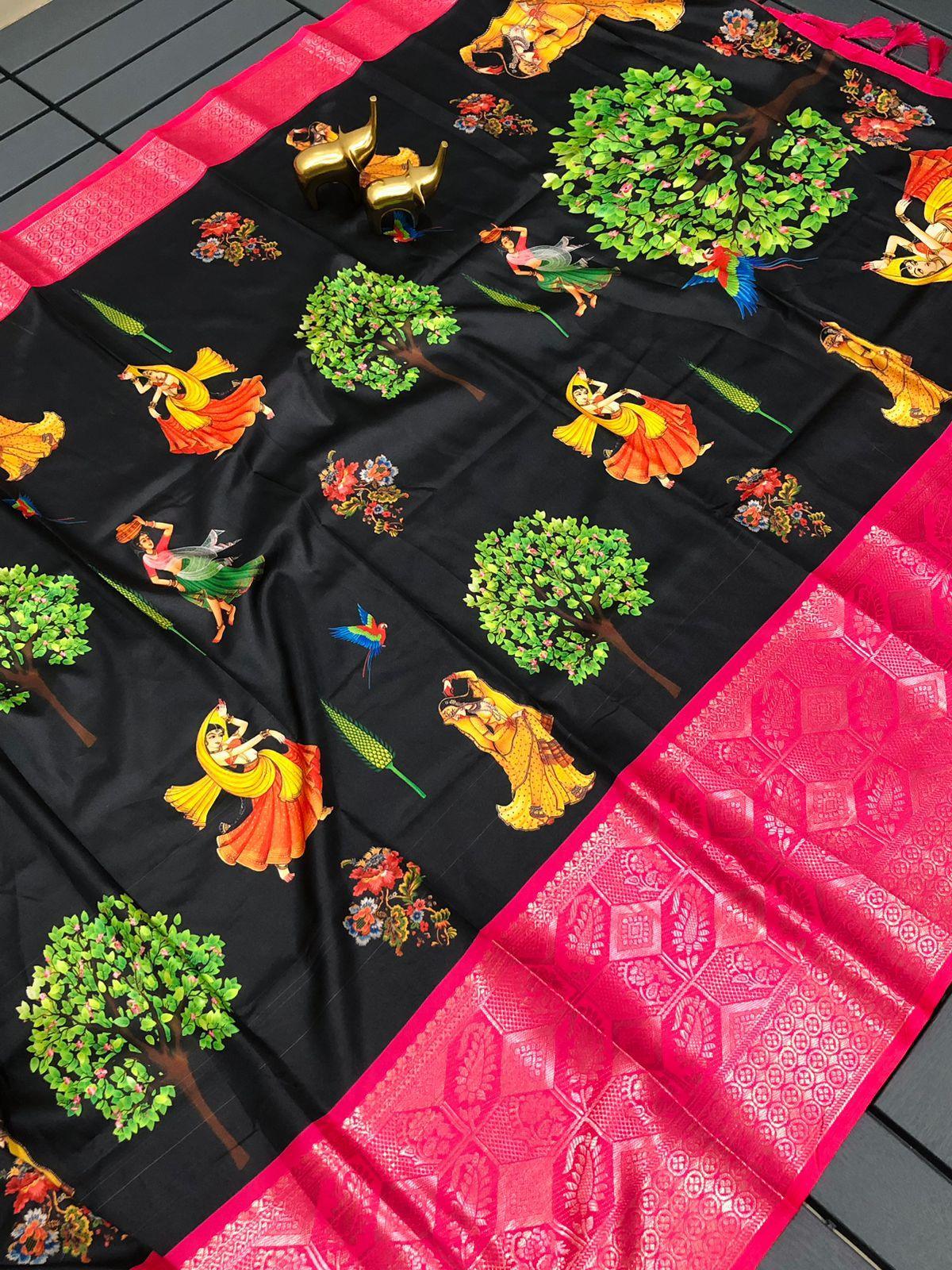 Kalamkari butter Semi-crepe silk soft With heavy viscos jari boder saree 17469n - Griiham