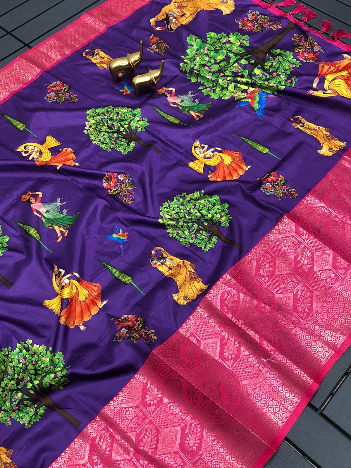 Kalamkari butter Semi-crepe silk soft With heavy viscos jari boder saree 17469n - Griiham