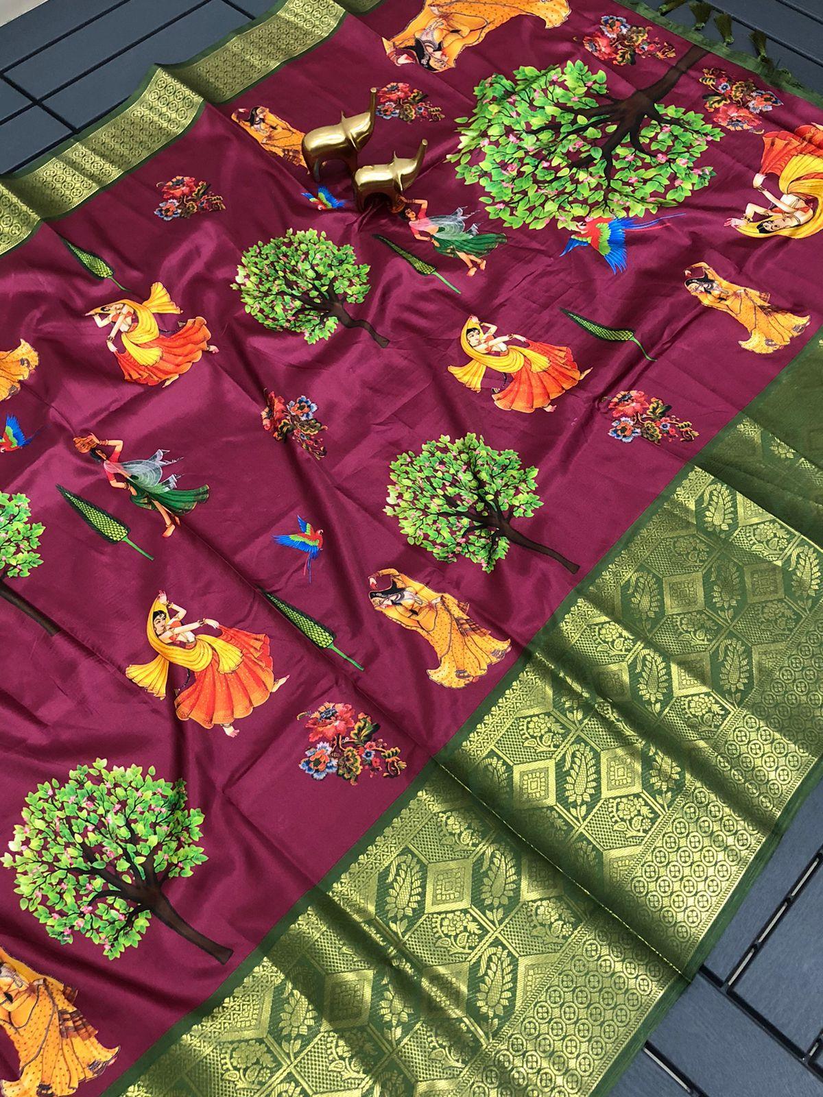 Kalamkari butter Semi-crepe silk soft With heavy viscos jari boder saree 17469n - Griiham