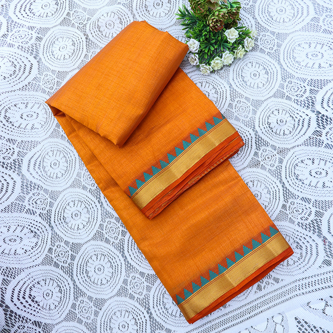 Kanchipuram Mysore Raw Semi-silk saree with small temple Border 14541N