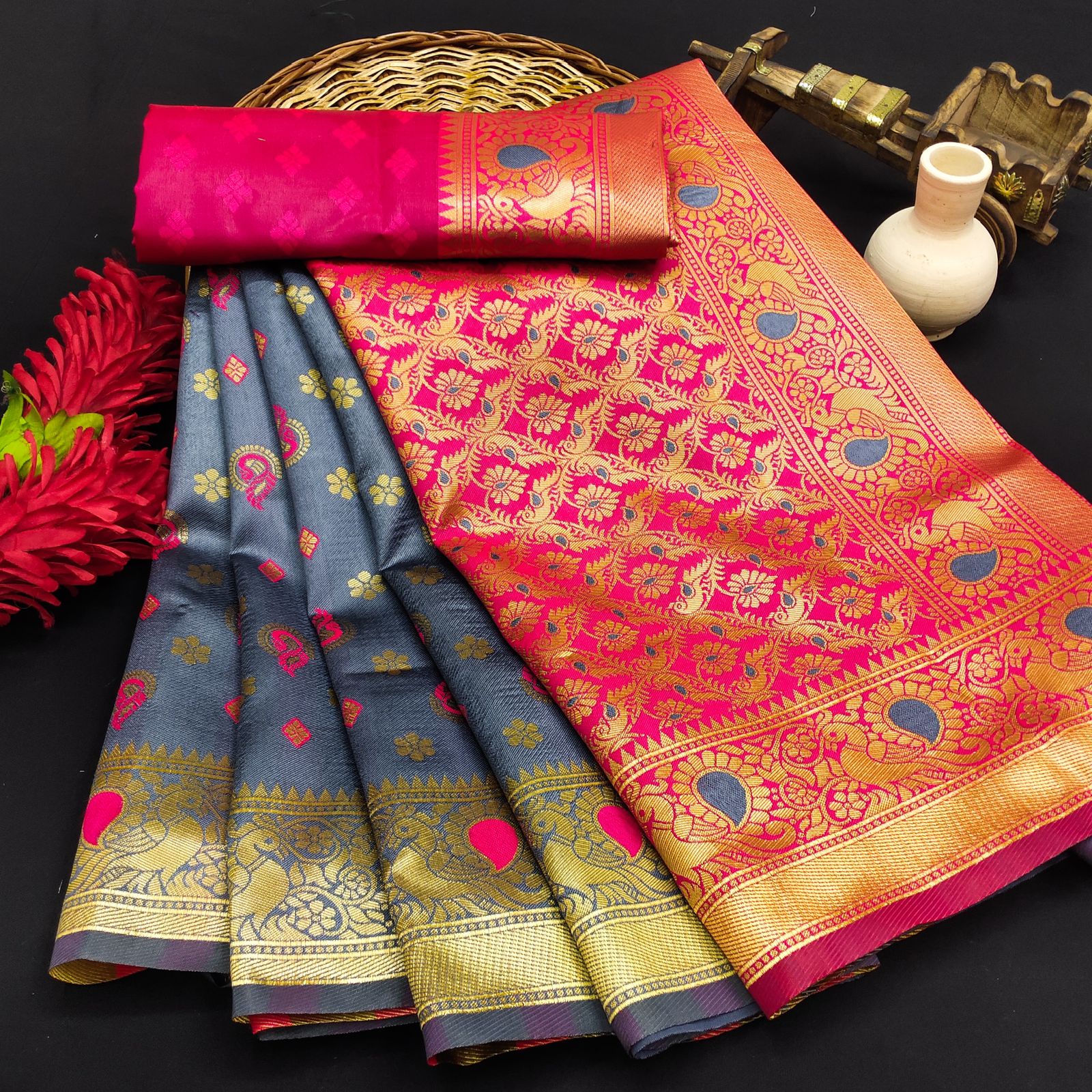 Kanchipuram 💃Semi-Silk With beautiful Border And Rich Pallu saree 17738N
