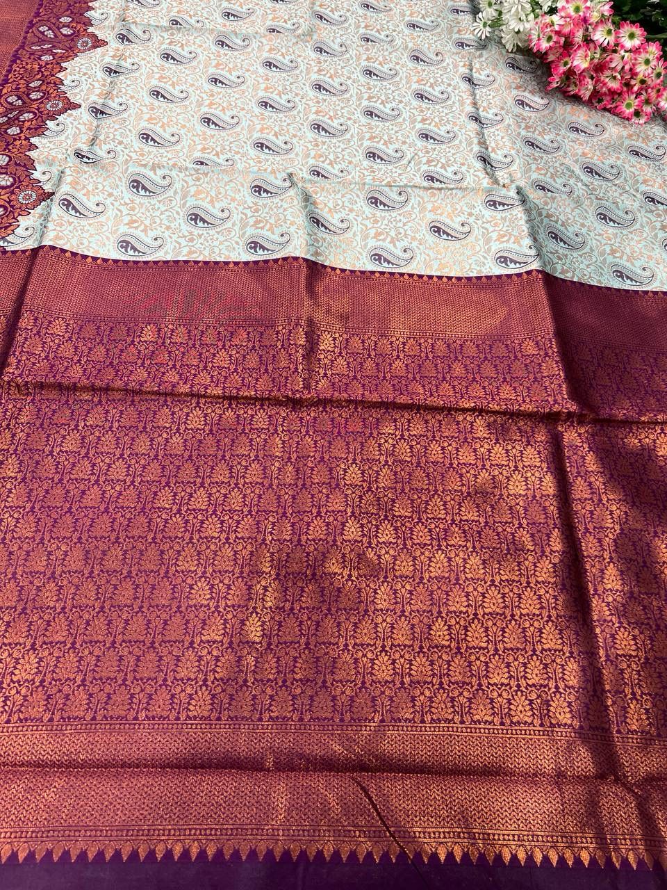 Kanchipuram Tissue Semi Silk copper zari work Sarees 20453N