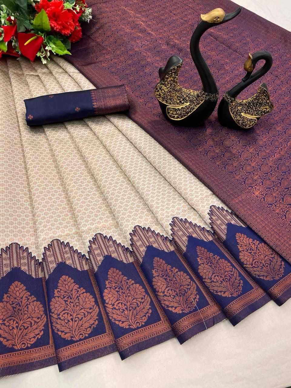 Kanchipuram Tissue Semi Silk copper zari work Sarees 21394N