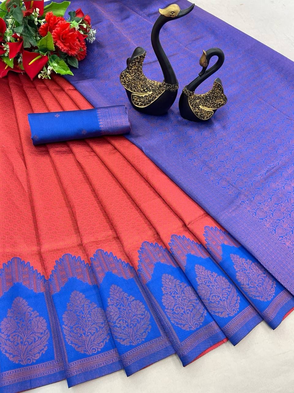 Kanchipuram Tissue Semi Silk copper zari work Sarees 21394N