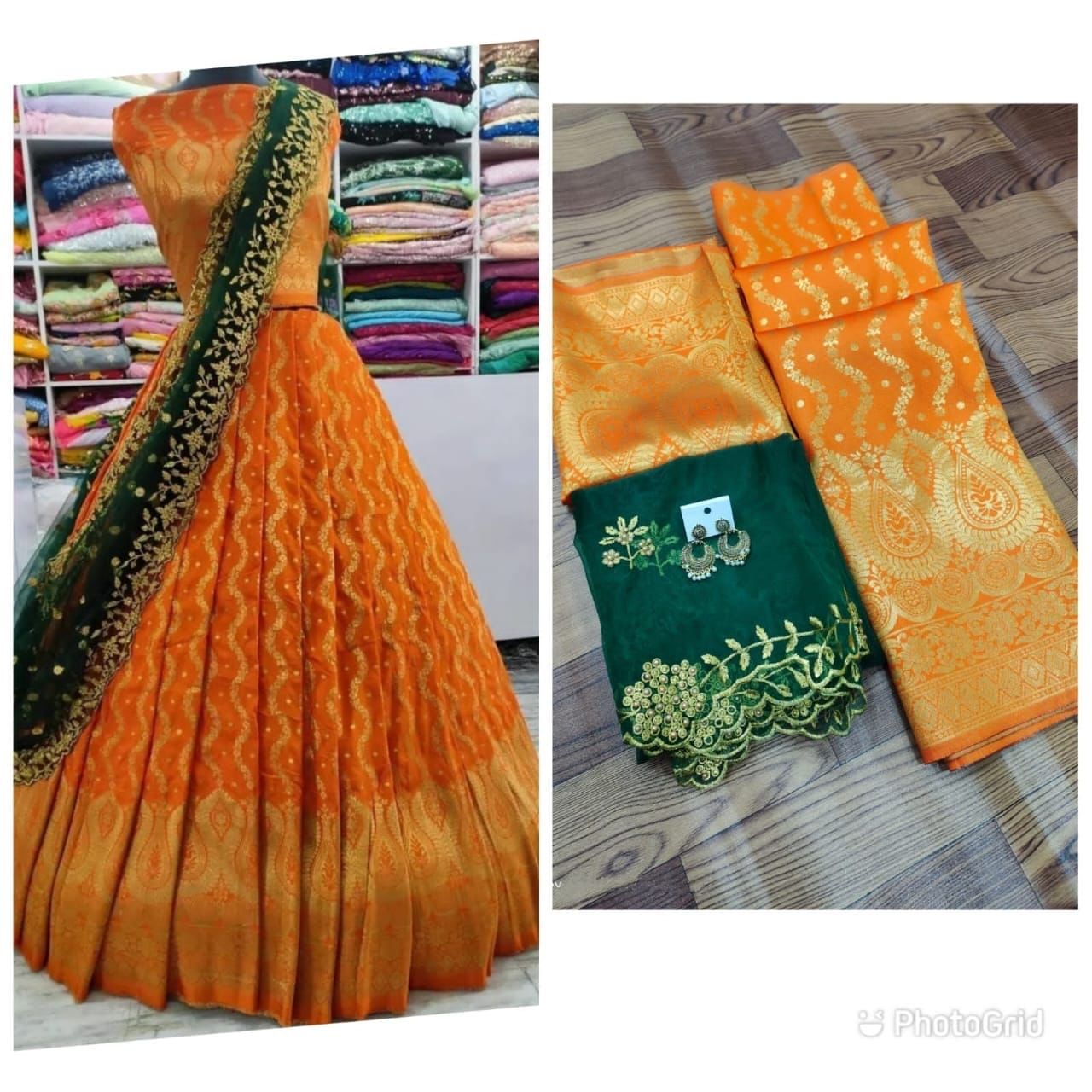 Kanjiveram Semi-silk Zari lehenga along with cutwork Dupatta (unstiched blouse)Half Saree 15807N