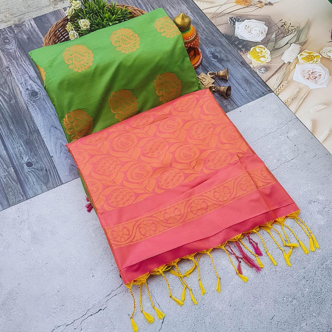 Kumbarpattu Kanchipuram Semi-silk saree in Green Colour with copper work 13684N - Griiham