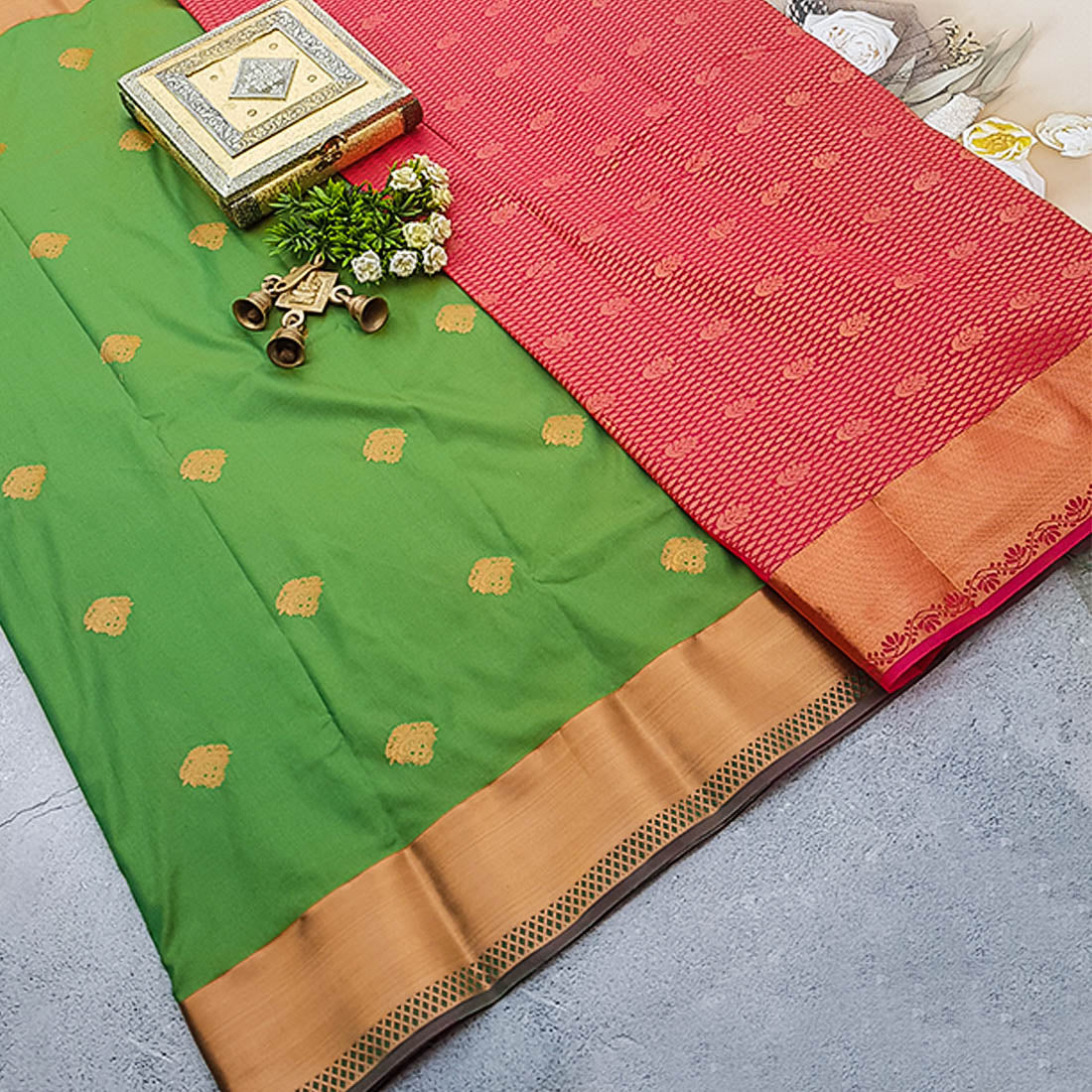 Kumbarpattu Kanchipuram Semi-silk saree with copper tone border 13678N