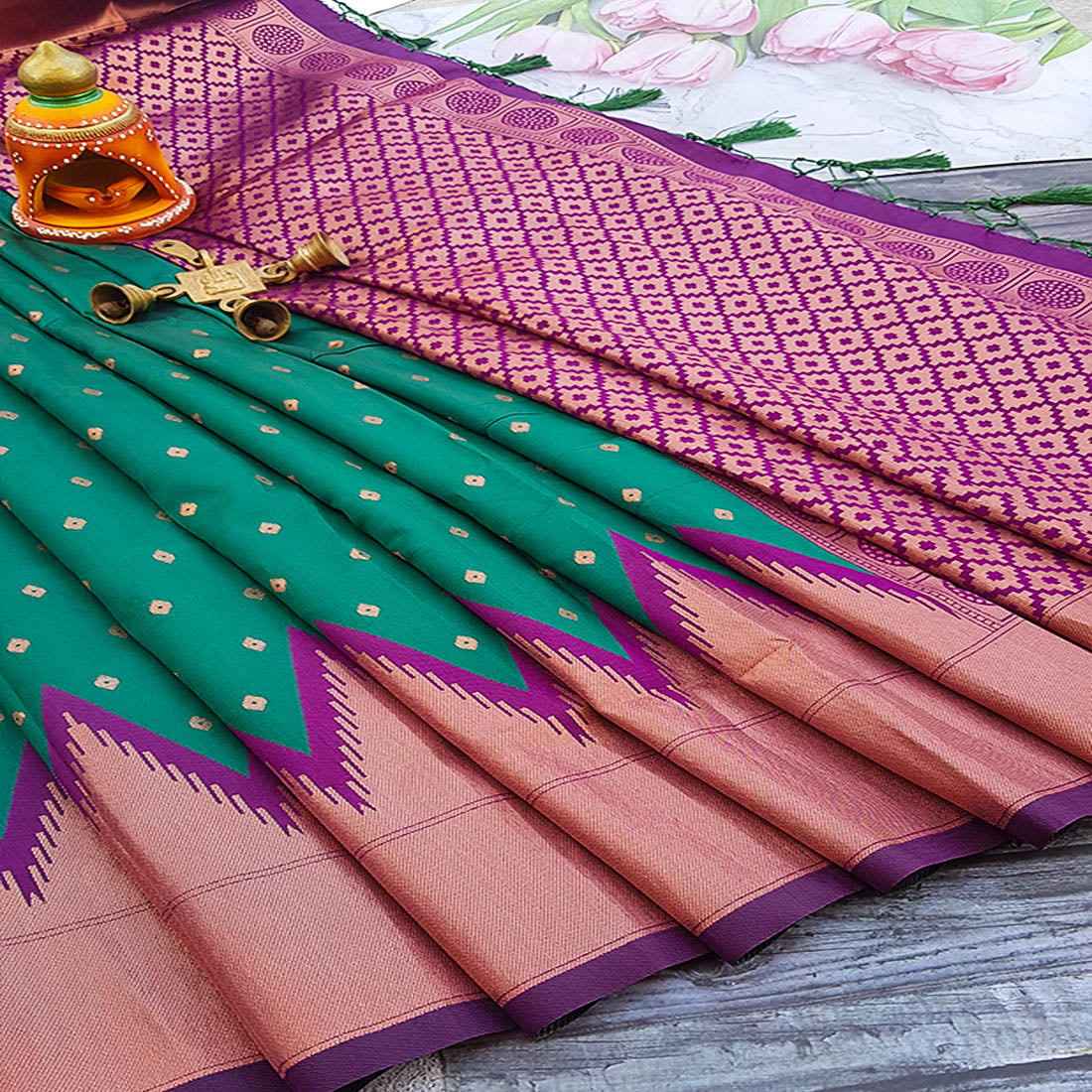 Kumbarpattu Kanchipuram Semi-silk saree with copper work 13708N