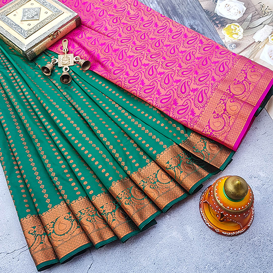 Kumbarpattu Kanchipuram Semi-silk saree with copper work13700N