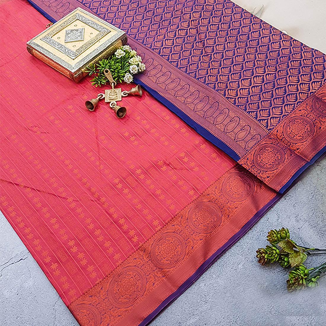 Kumbarpattu Kanchipuram silk saree in Red Colour with copper work 13680N - Griiham