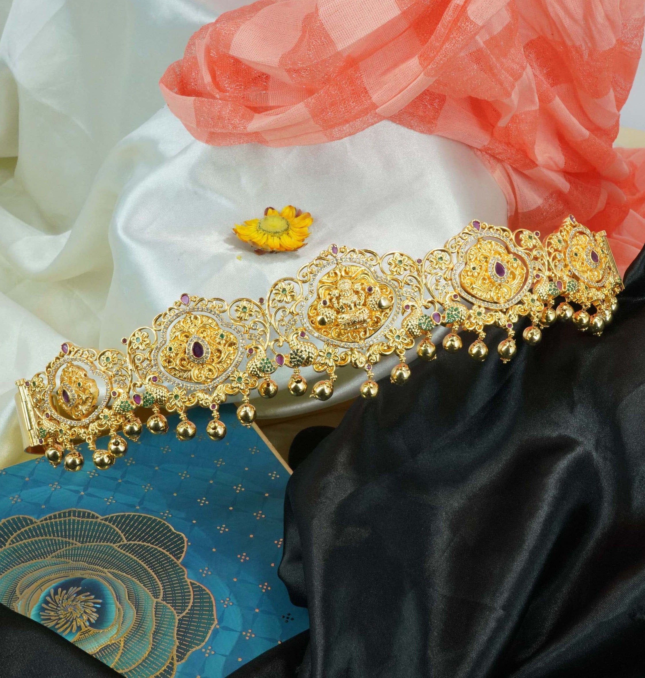 Laxmi vadanam Reversible  with Real unpolished stones ruby/emerald CZ in gold Guaranateed finish Vadanam/Vodiannam/waistbelt Flexible waist size 9075N