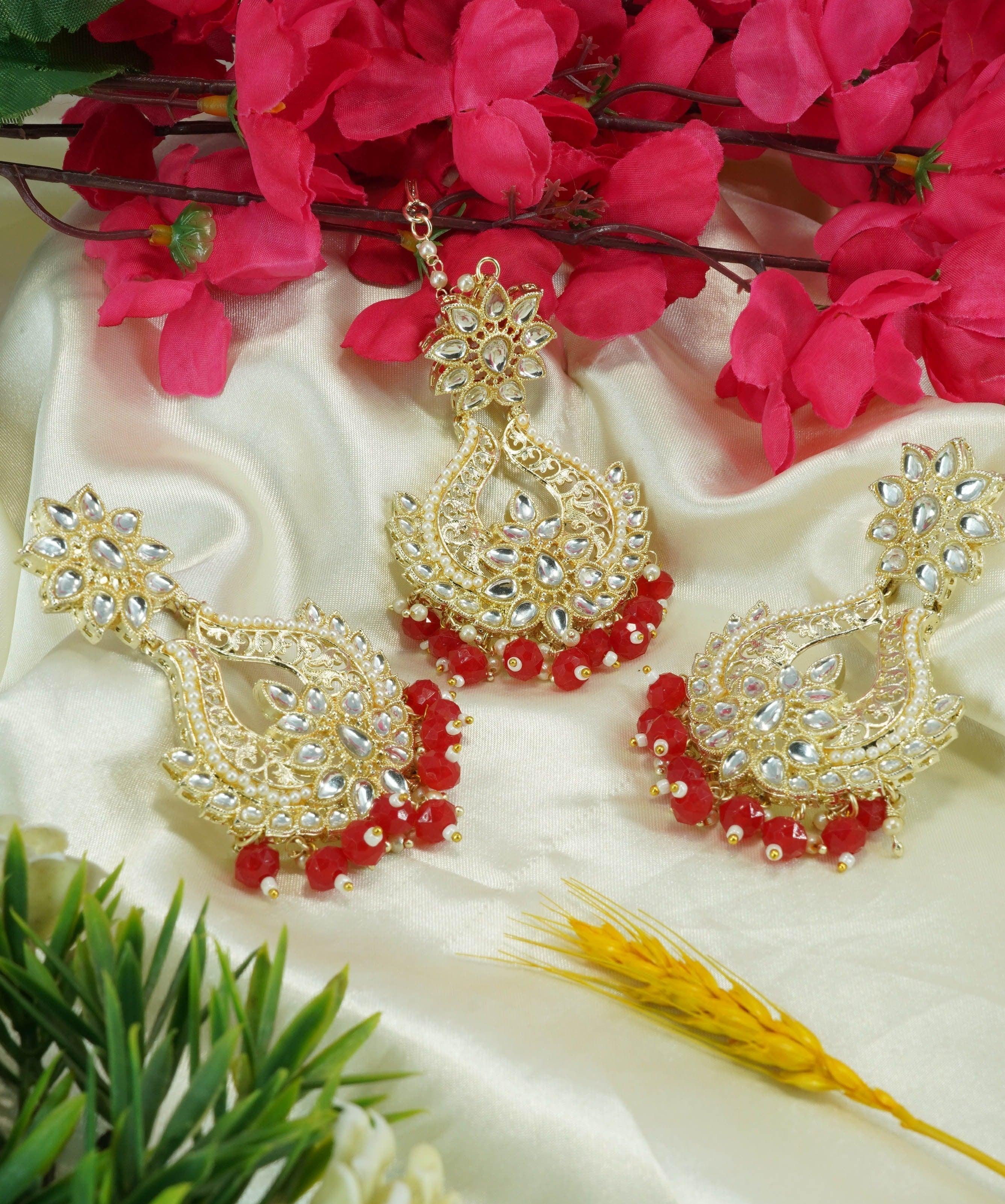Light gold finish Earring/jhumka/Dangler with Mang Tikka - Griiham