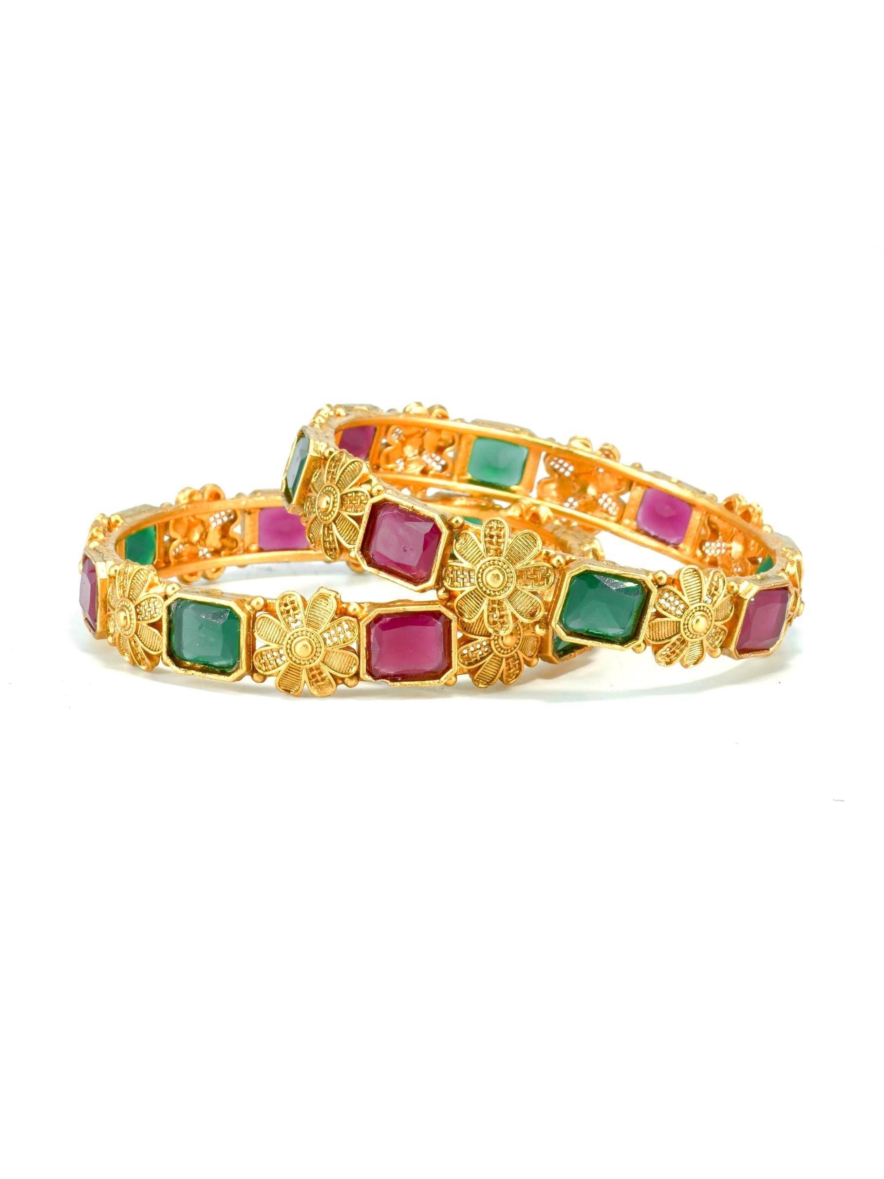 Matt Gold Finish square Stone Bangle Latest Design Collection Set of 2 10205B - Griiham