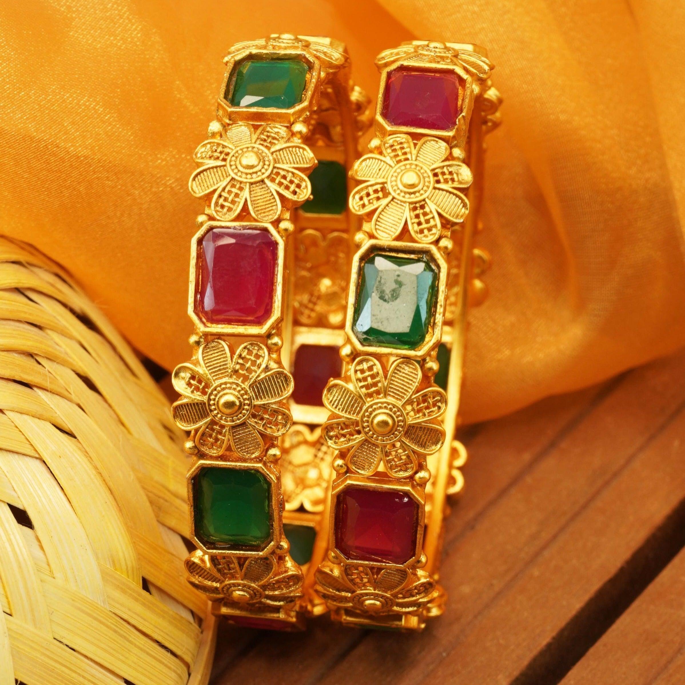 Matt Gold Finish square Stone Bangle Latest Design Collection Set of 2 10205B - Griiham