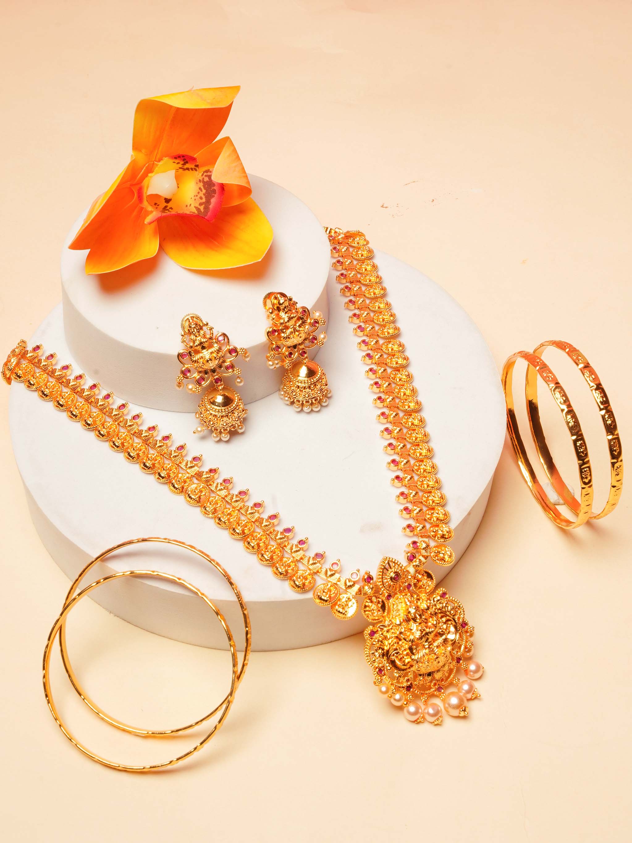 Micro Gold Plated Long Laxmi Hara Necklace Set with Set of 4 Bangles 16227N