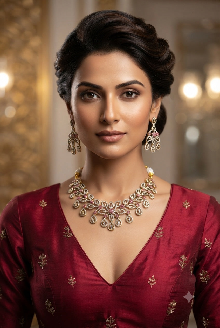 Gold Plated Premium CZ Short Choker Necklace Set Mehendi Colour