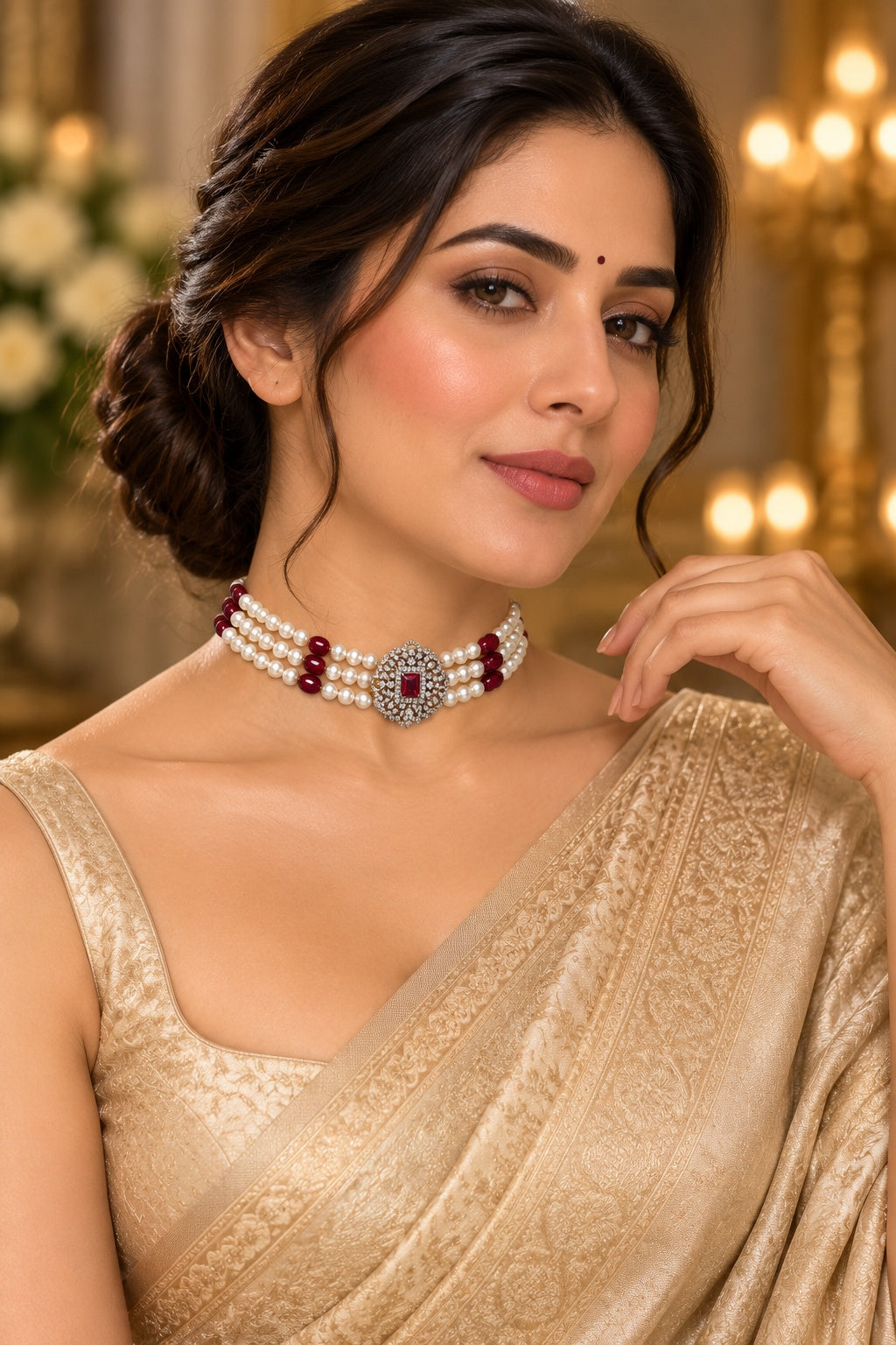 Gold Plated Swarovski Pearl AD Choker Necklace Set