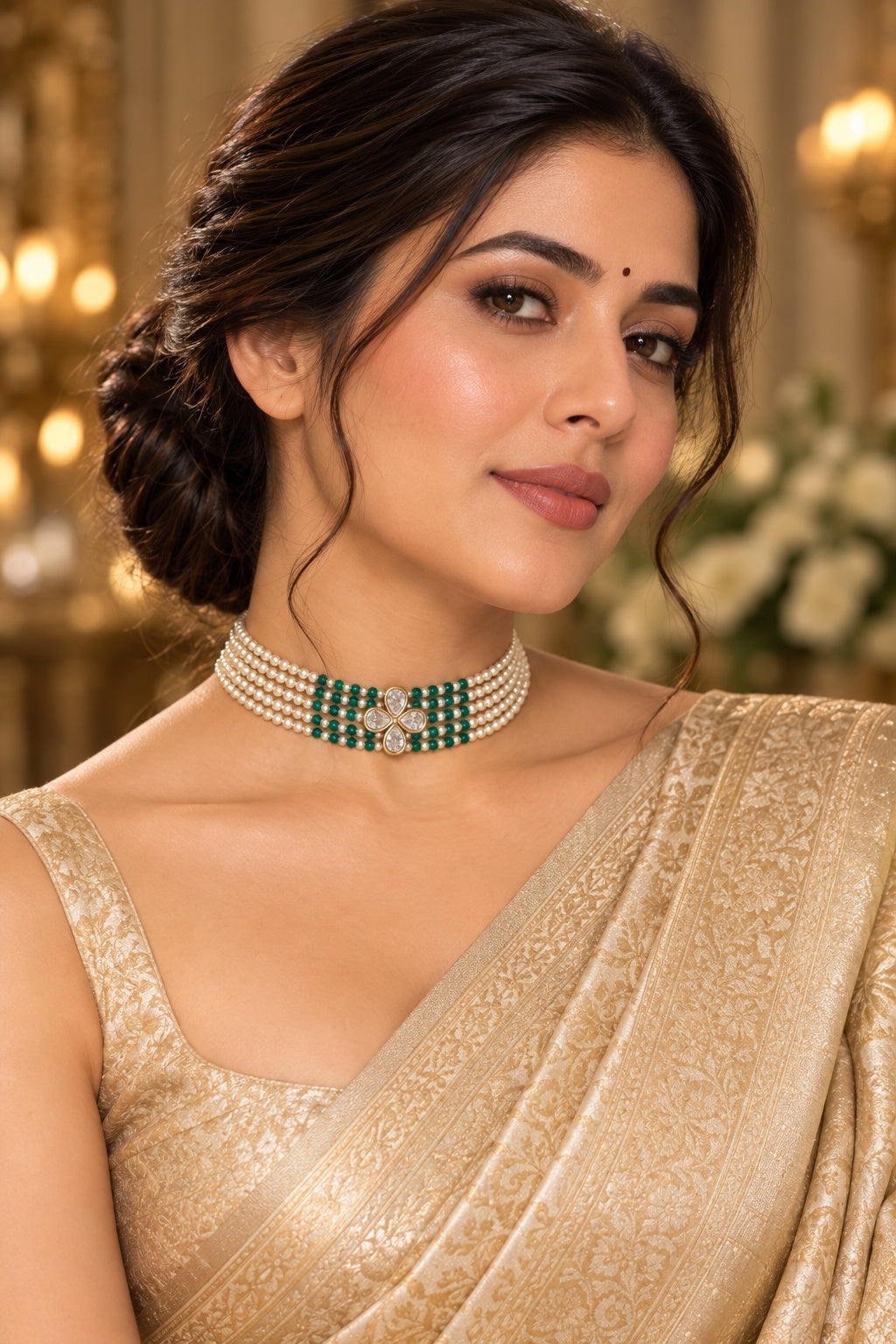 Gold Plated Swarovski Pearl AD Choker Necklace Set