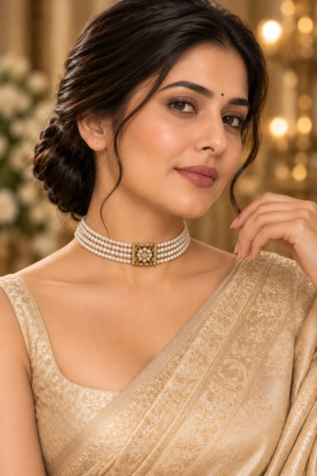 Gold Plated Swarovski Pearl AD Choker Necklace Set