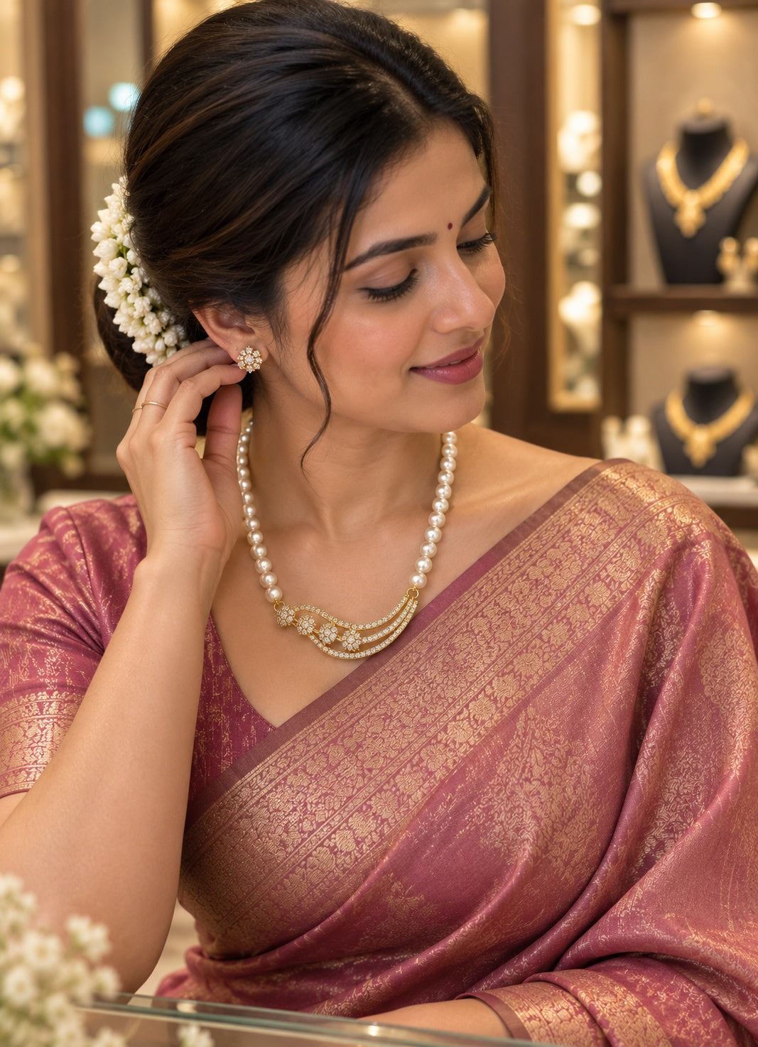 Single Line Swarovski Pearl with Tanmaniya Necklace