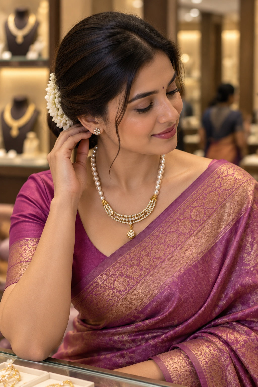 Single Line Swarovski Pearl with Tanmaniya Necklace