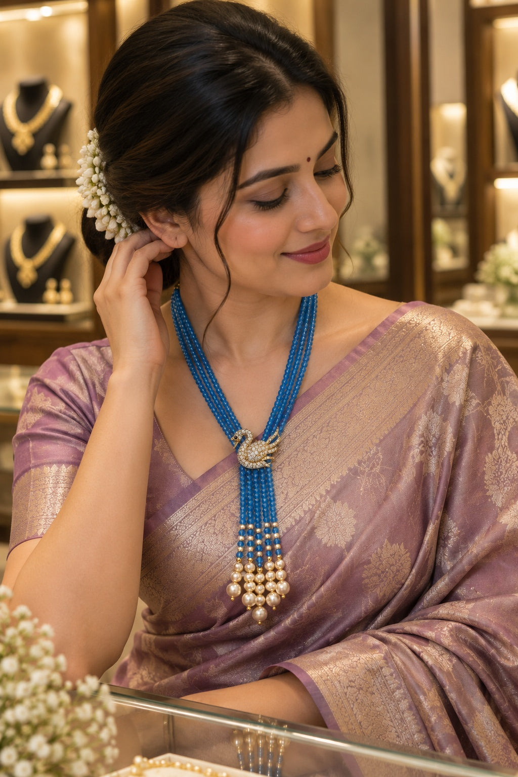 Two Layer CZ Mala Y design with mid Brooch SKY Blue