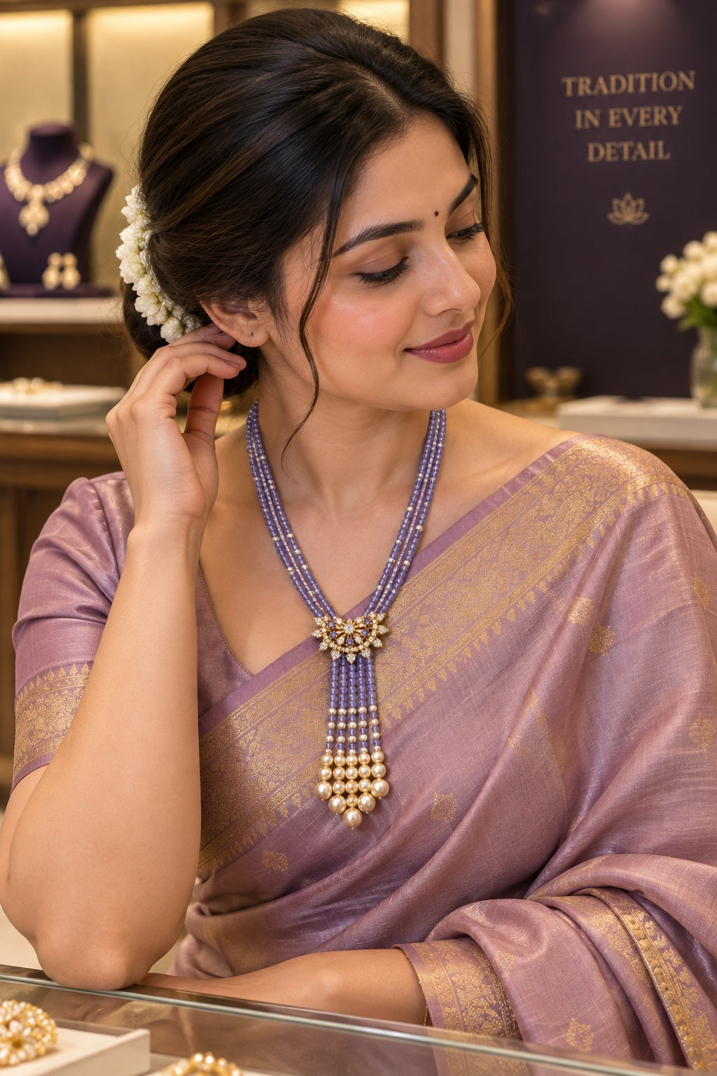 Two Layer CZ Mala Y design with mid Brooch Purple Colour