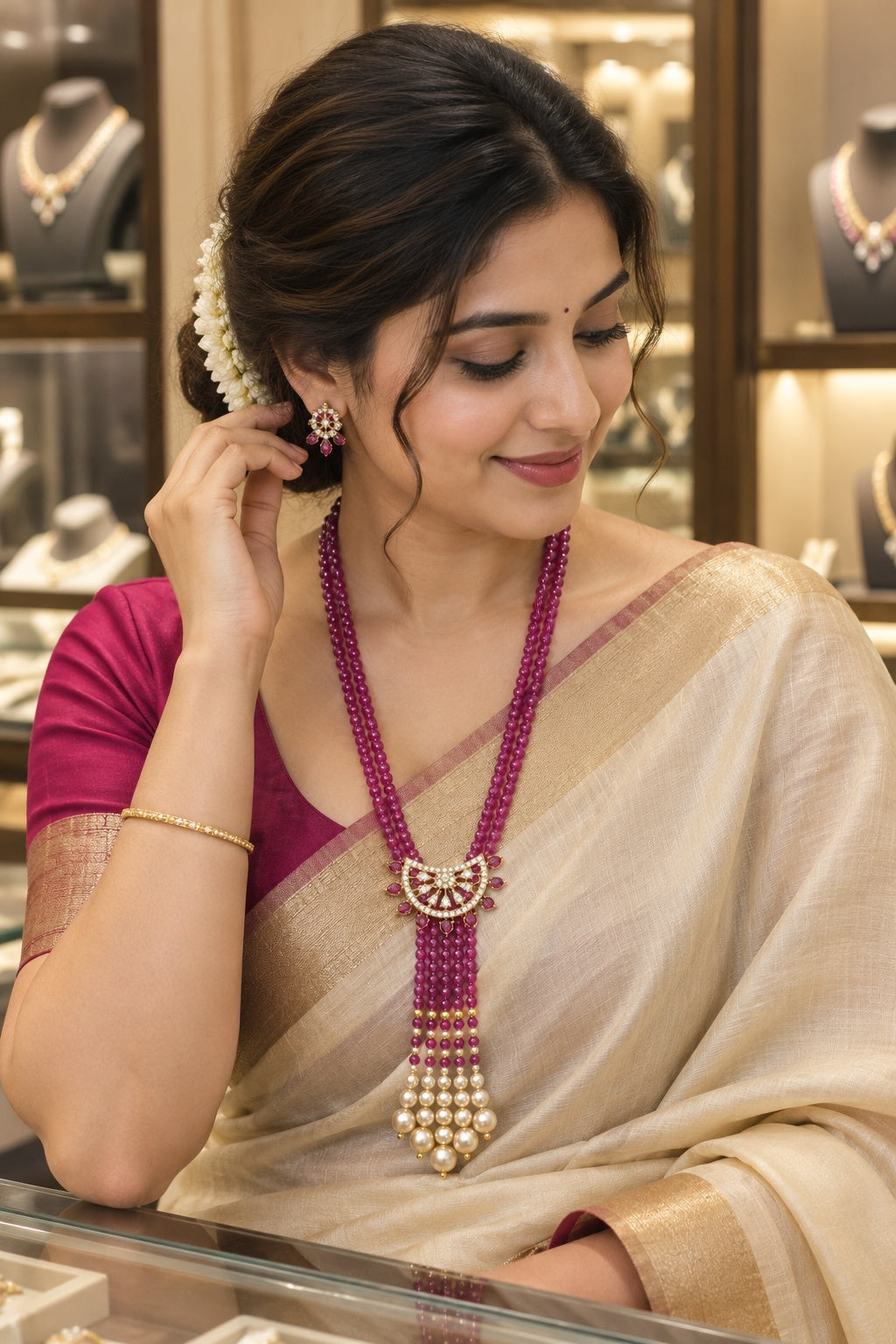 Two Layer CZ Mala Y design with mid Brooch Pink colour