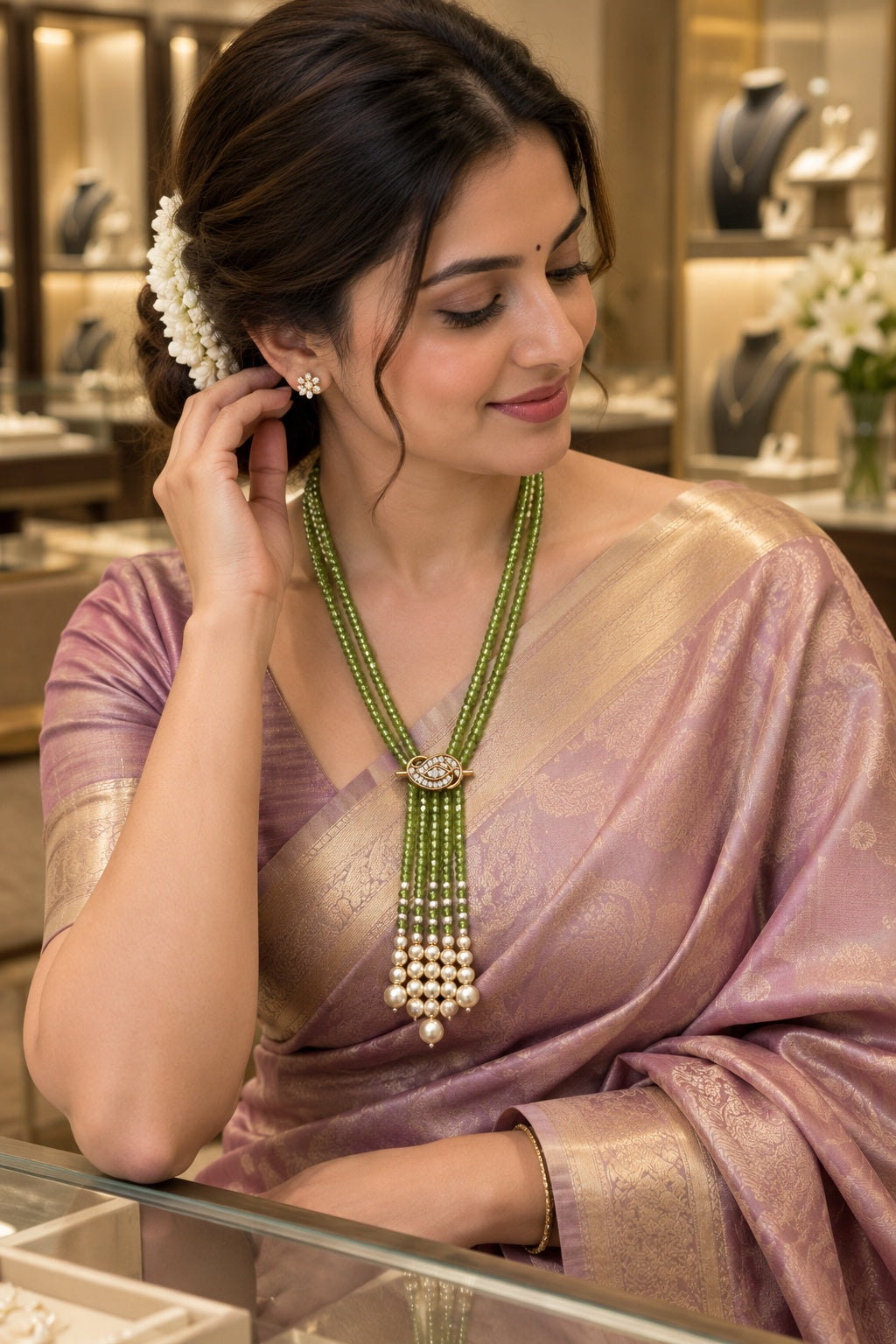 Two Layer CZ Mala Y design with mid Brooch Light Green Colour