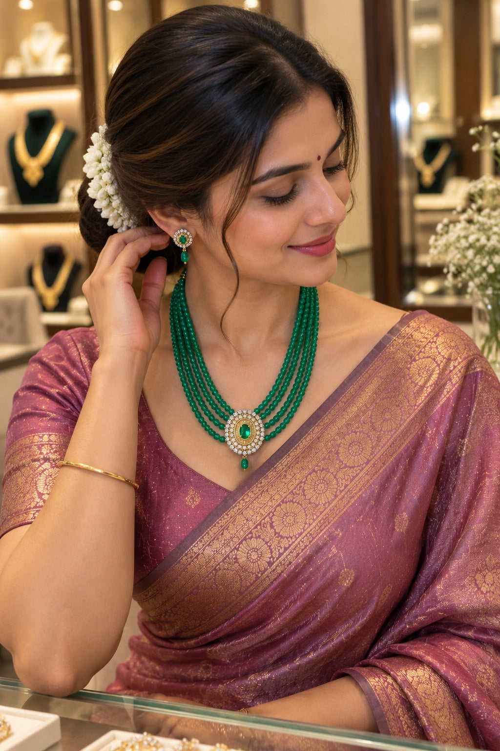 Green CZ 5 Line Maala with Brooch Necklace