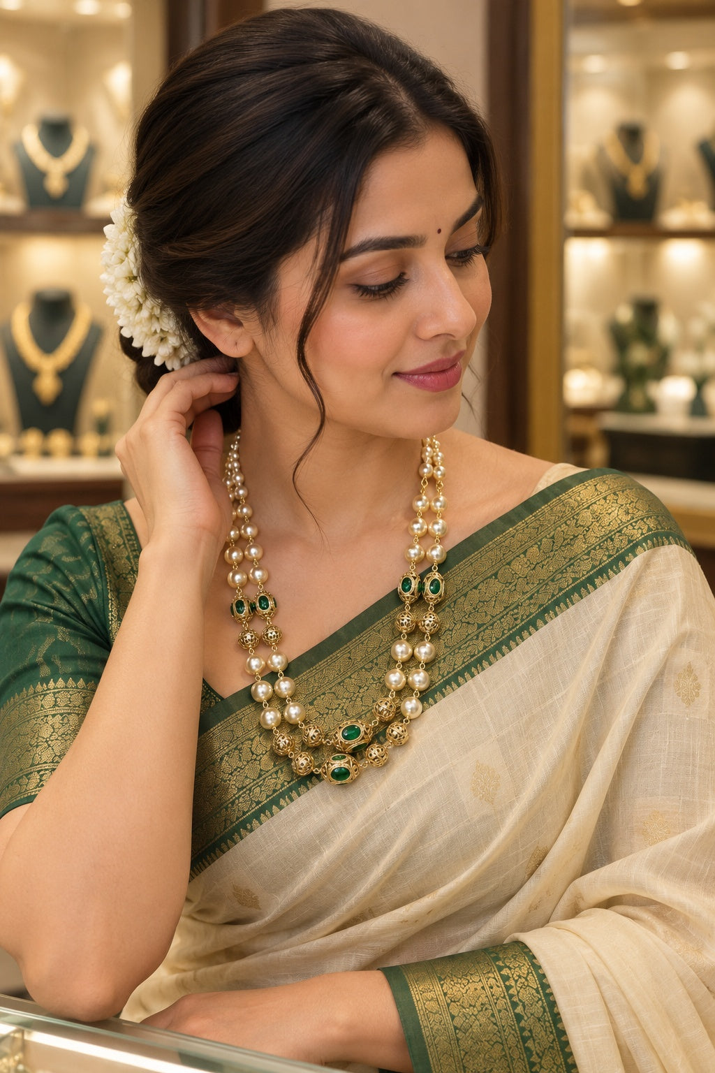 8mm Double Line Short Pearl Necklace with gundu