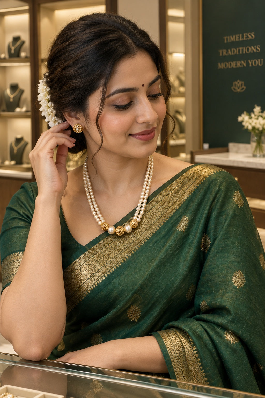 2 Line Pearl Short Maala with Antique Gundu