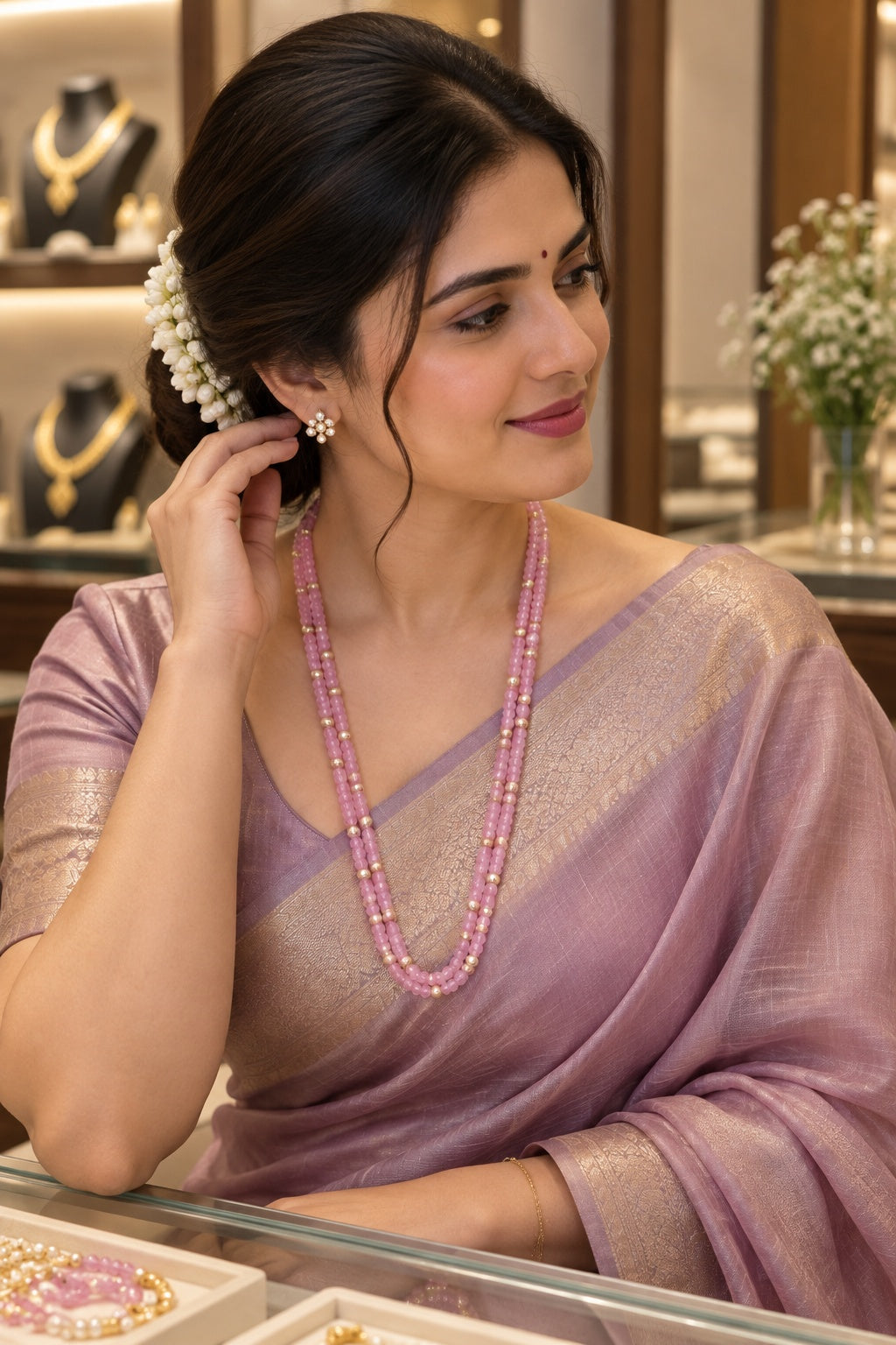 Pink CZ 2 Line Maala Necklace