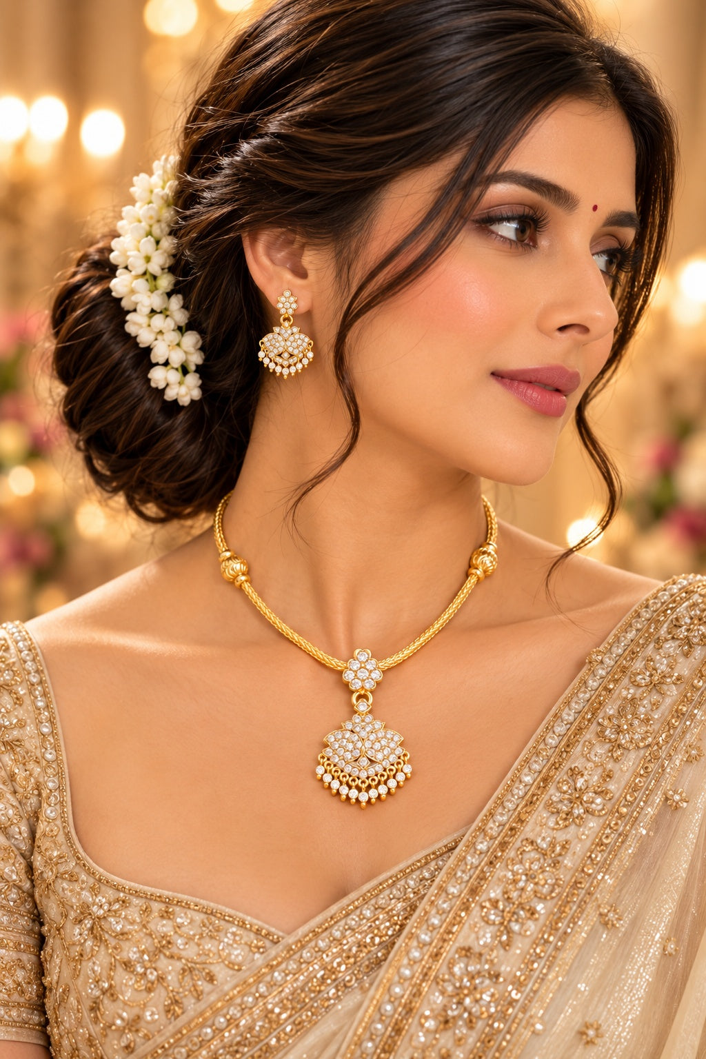 Pearl Gundu Necklace set with Half Jhumki Pattern Adige / Panchloha Mopu