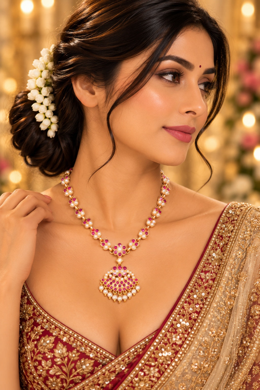 Premium Red white Muthu Adige / Panchloha Necklace