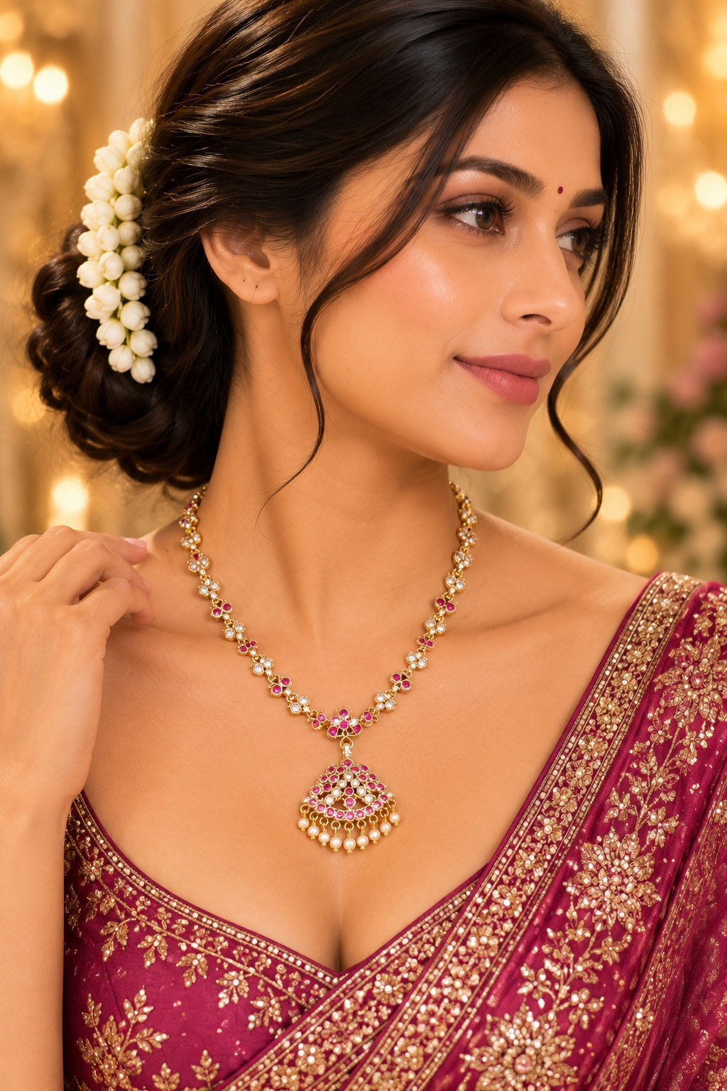 Premium Red white Muthu Adige / Panchloha Necklace