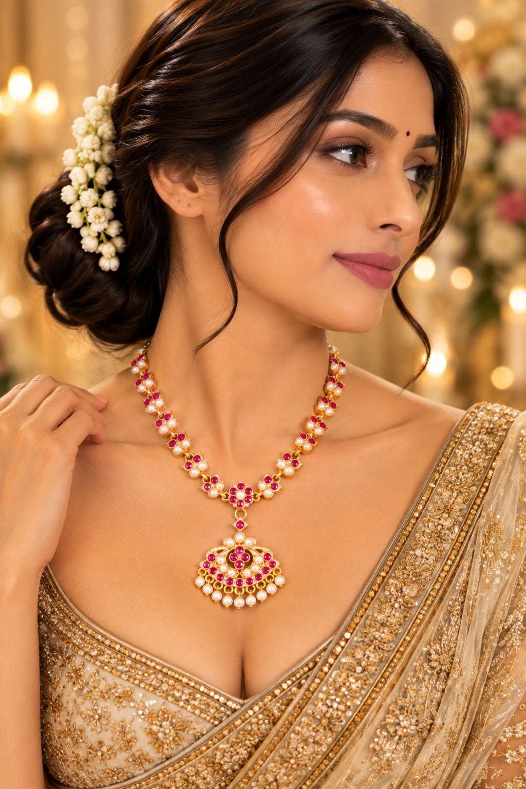 Premium Red white Muthu Adige / Panchloha Necklace