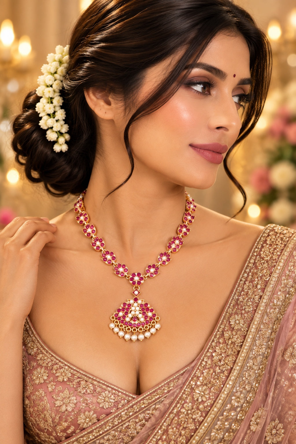 Premium Red white Muthu Adige Necklace