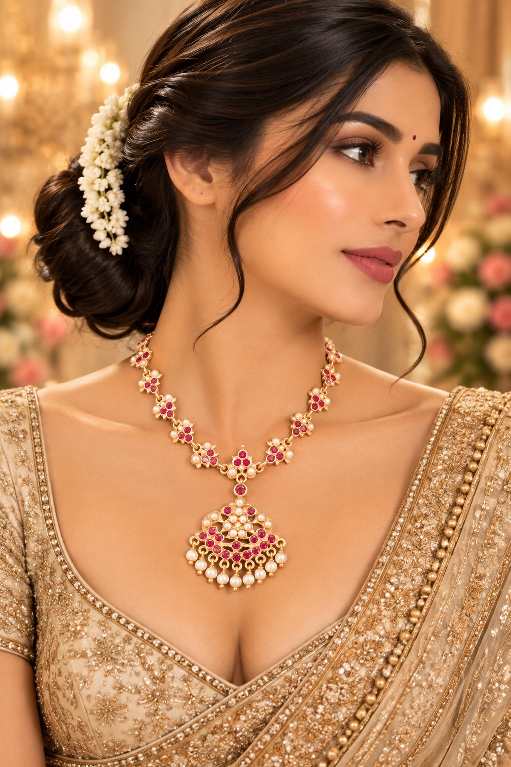 Premium Red white Muthu Adige Necklace
