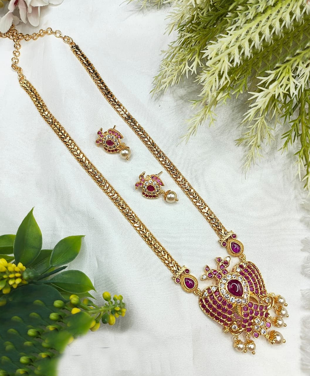 Long necklace set with earring Dandabanda/Classic Kempu round pendant Set