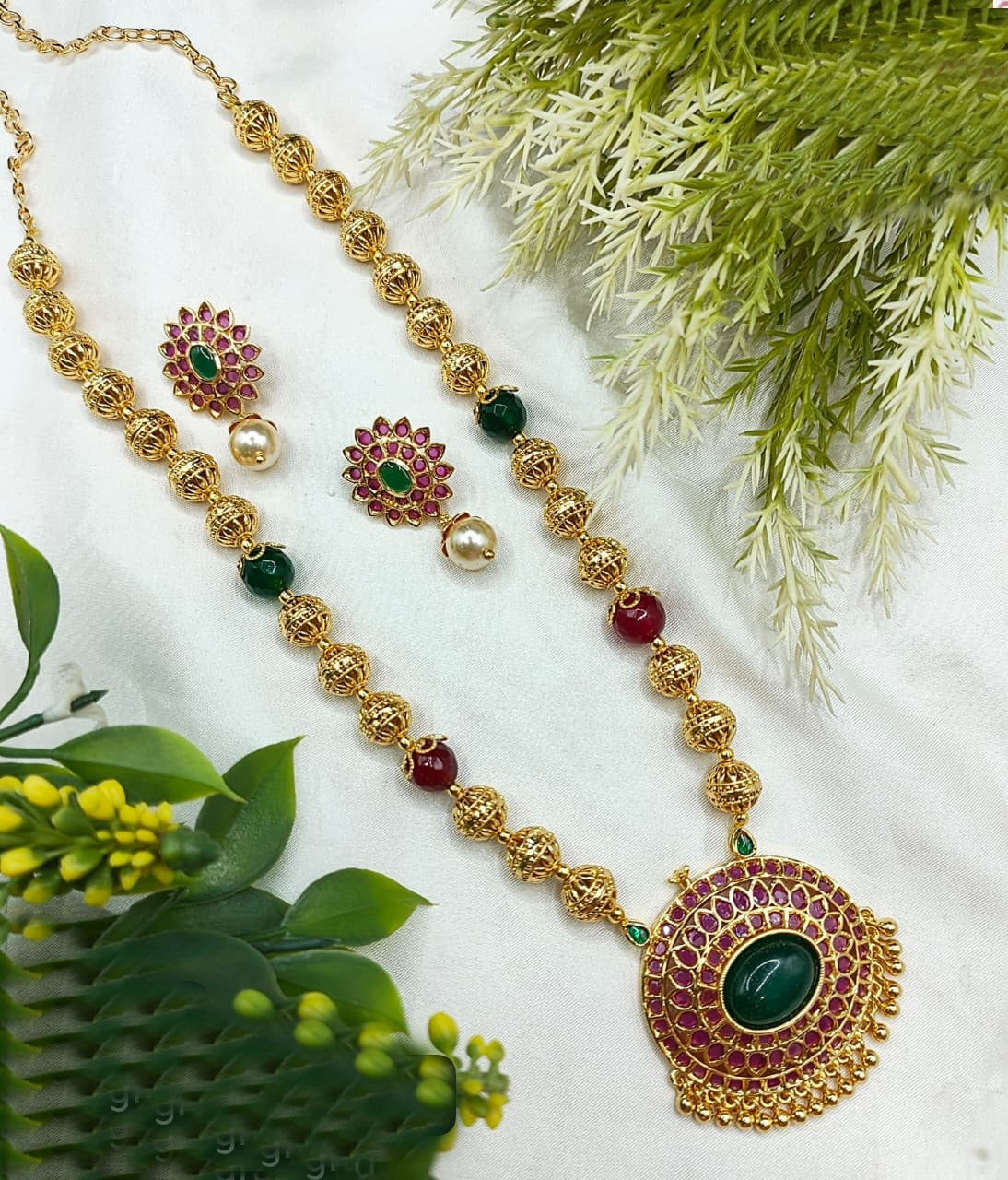 Long necklace set with earring Dandabanda/Classic Kempu round pendant Set