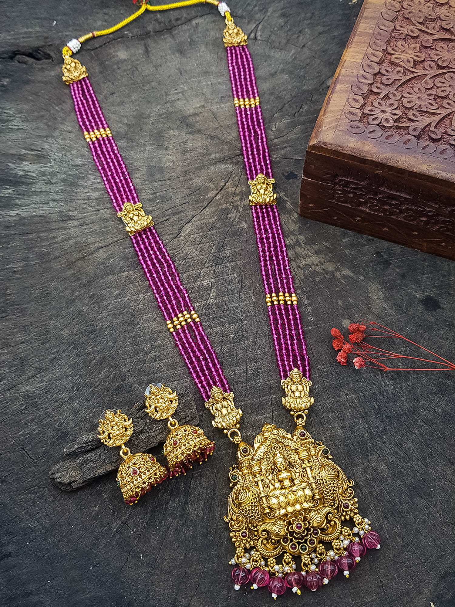 Premium Gold Plated Long Necklace Set in pink crystal natural stones