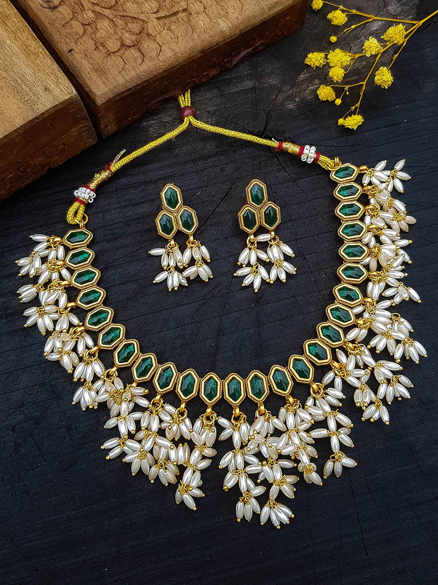 Antique Gold Plated Rice Pearl Necklace Set - Main Image