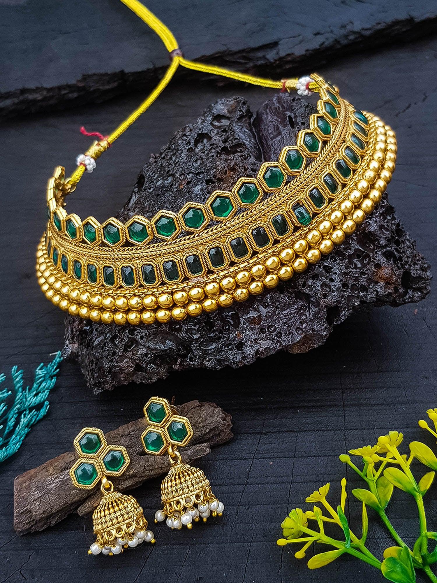 Gold Plated Stone Choker Necklace Set - Main Image