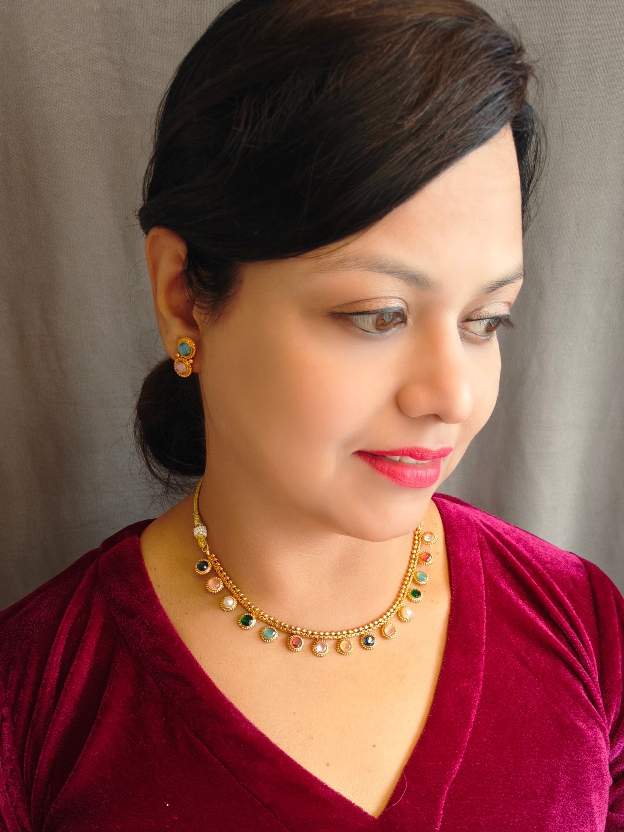 Antique Premium Gold finish navratna necklace set