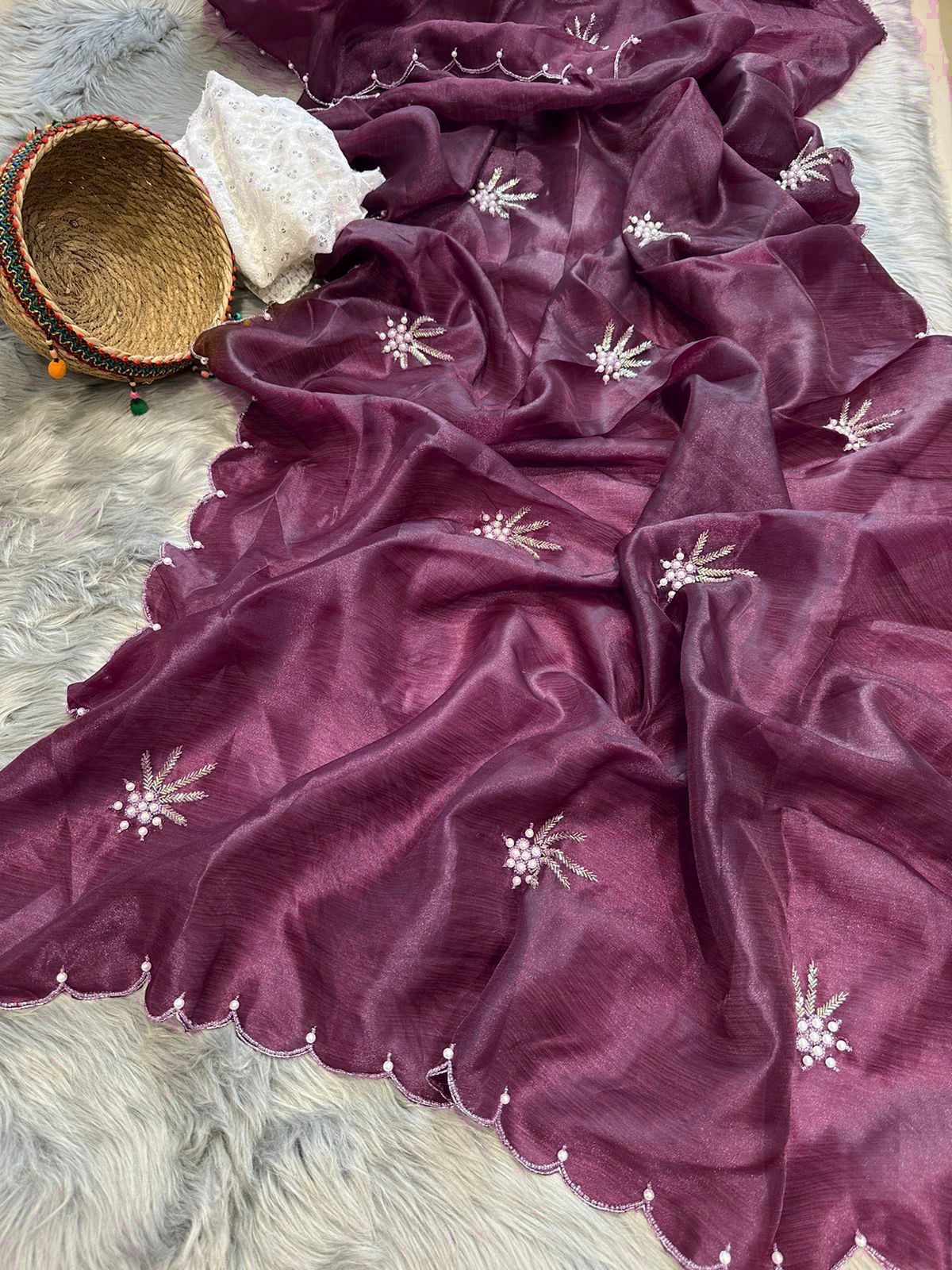 ORGANZA SAREE WITH CUTWORK BORDER WITH FULLY HANDWORK SEQUENCE 17251N