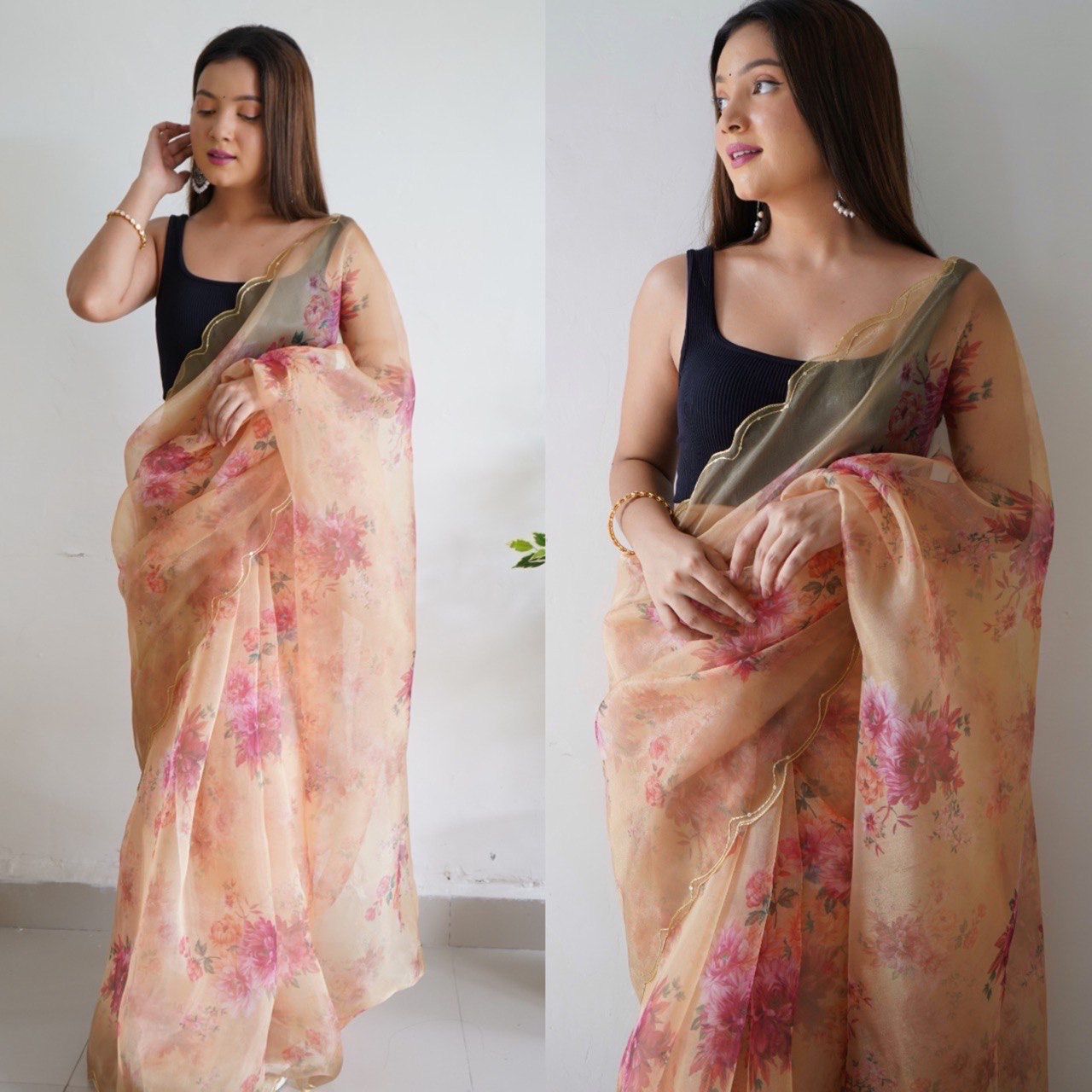 Organza Semi- Silk Saree with beautiful floral print With viscos thread 23142N