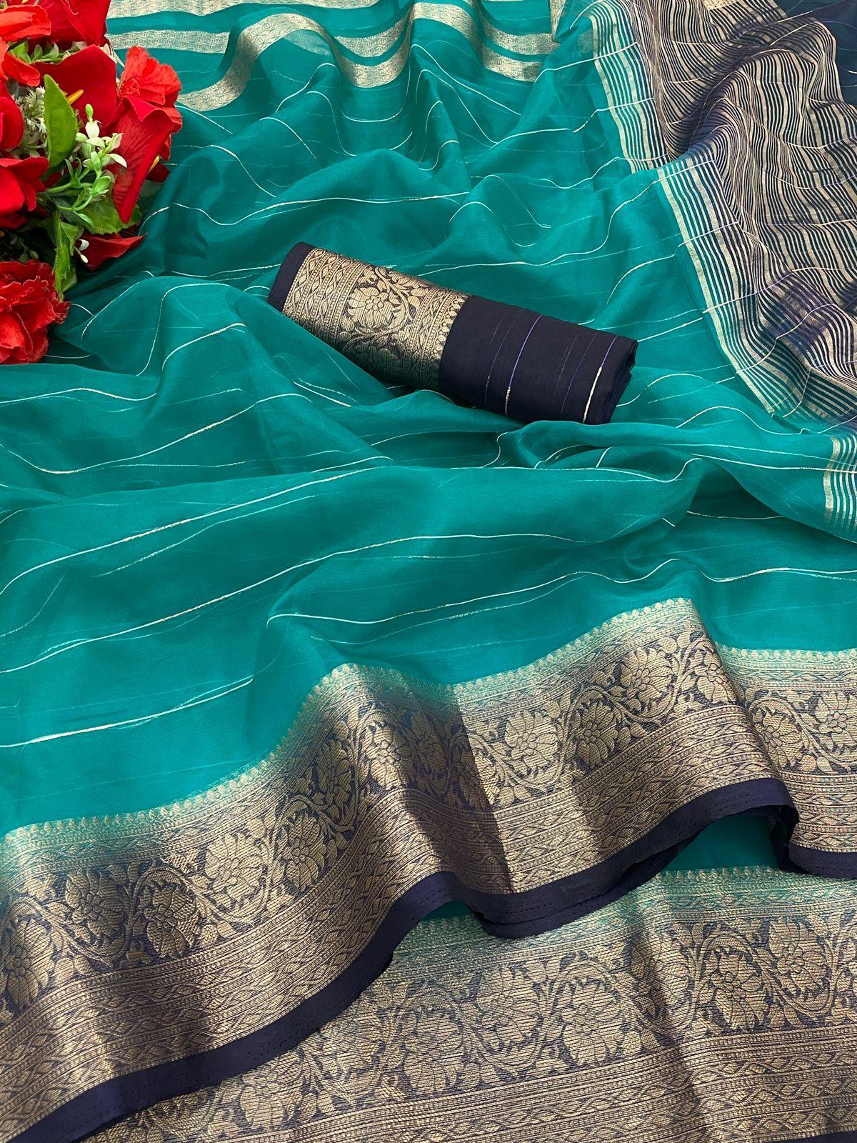 Organza Silk  saree with sequnce line with jacquard border 18498N